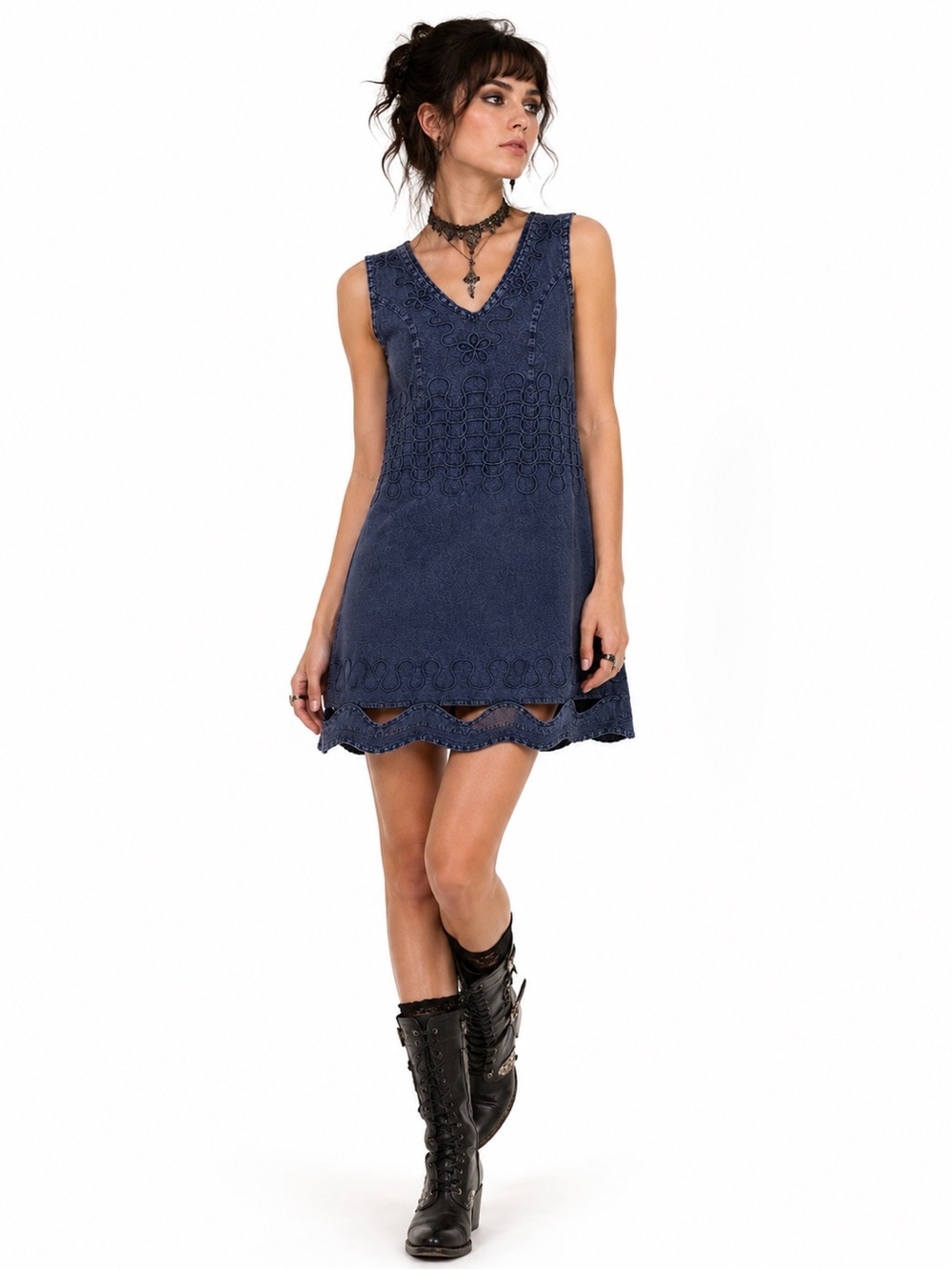 Vintage 90s Whimsigoth Navy Blue Sleeveless Cotton Dress Boho Y2K